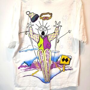 Vintage 90's Ski Tahoe Novelty T- Shirt Scared Guy  Skiing Cotton Tee L / XL
